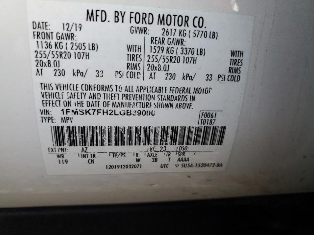 1FMSK7FH2LGB39000 - 2020 FORD EXPLORER LIMITED WHITE photo 13