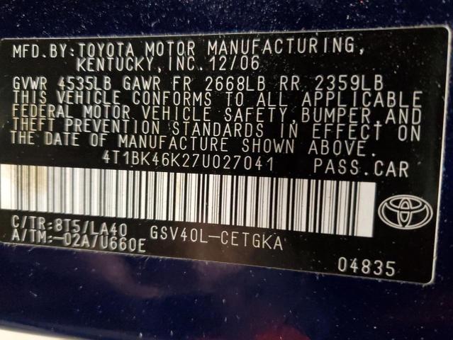 4T1BK46K27U027041 - 2007 TOYOTA CAMRY LE BLUE photo 12