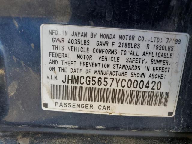 JHMCG5657YC000420 - 2000 HONDA ACCORD EX Қара фото 12