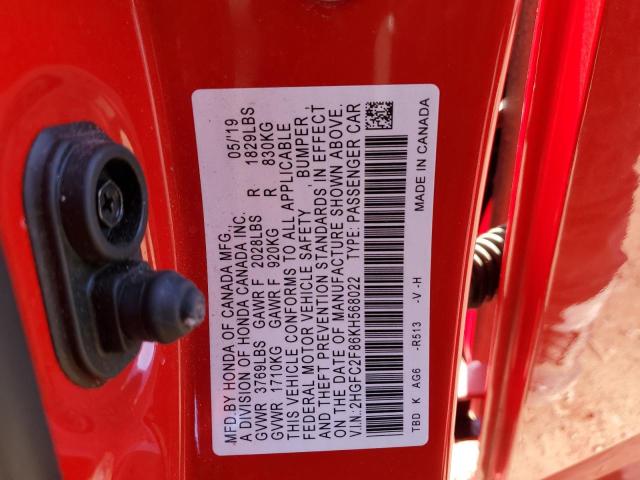 2HGFC2F86KH568022 - 2019 HONDA CIVIC SPORT RED photo 12