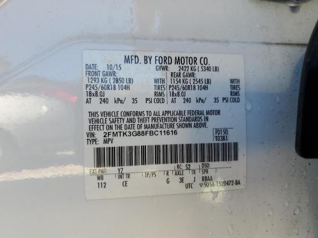 2FMTK3G88FBC11616 - 2015 FORD EDGE SE WHITE photo 12