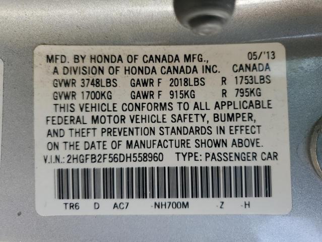 2HGFB2F56DH558960 - 2013 HONDA CIVIC LX SILVER photo 13