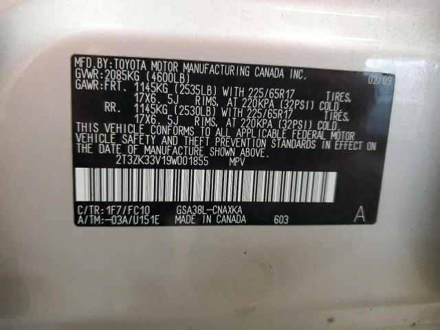 2T3ZK33V19W001855 - 2009 TOYOTA RAV4 Plata foto 12