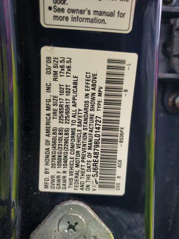 5J6RE48798L014727 - 2008 HONDA CR-V EXL BLUE photo 12