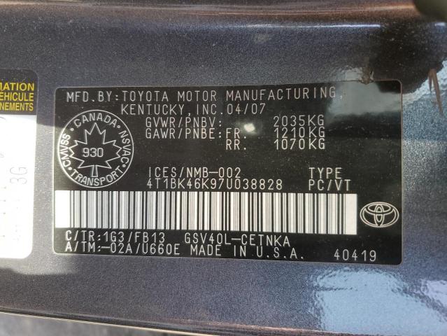 4T1BK46K97U038828 - 2007 TOYOTA CAMRY LE GRAY photo 13