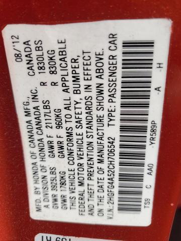 2HGFG4A52CH706542 - 2012 HONDA CIVIC SI RED photo 12