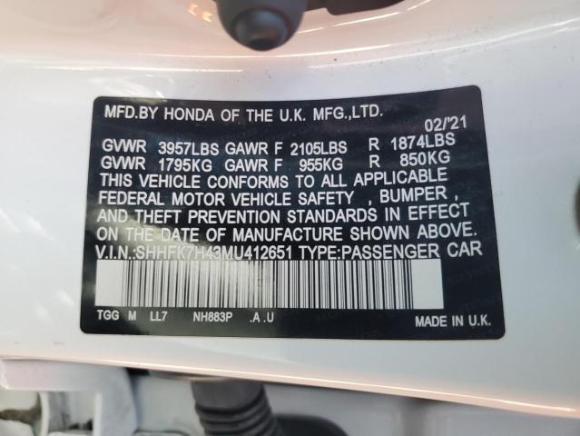 SHHFK7H43MU412651 - 2021 HONDA CIVIC SPORT WHITE photo 12
