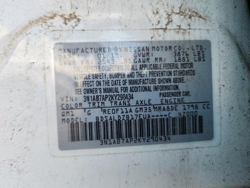 3N1AB7AP2KY290434 - 2019 NISSAN SENTRA S თეთრი ფოტო 12