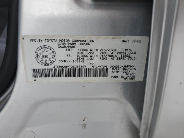 JTEHH20V726053597 - 2002 TOYOTA RAV4 SILVER photo 13