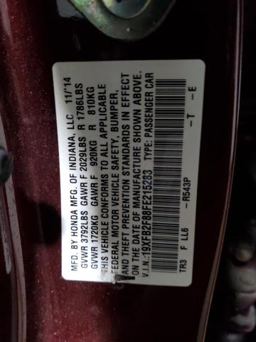 19XFB2F88FE215283 - 2015 HONDA CIVIC EX BURGUNDY photo 12