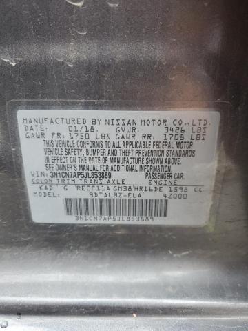 3N1CN7AP5JL853889 - 2018 NISSAN VERSA S GRAY photo 12