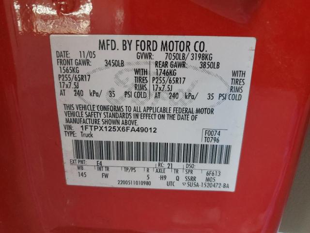 1FTPX125X6FA49012 - 2006 FORD F150 RED photo 12