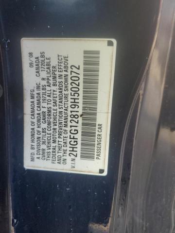 2HGFG12819H502072 - 2009 HONDA CIVIC EX ლურჯი ფოტო 12