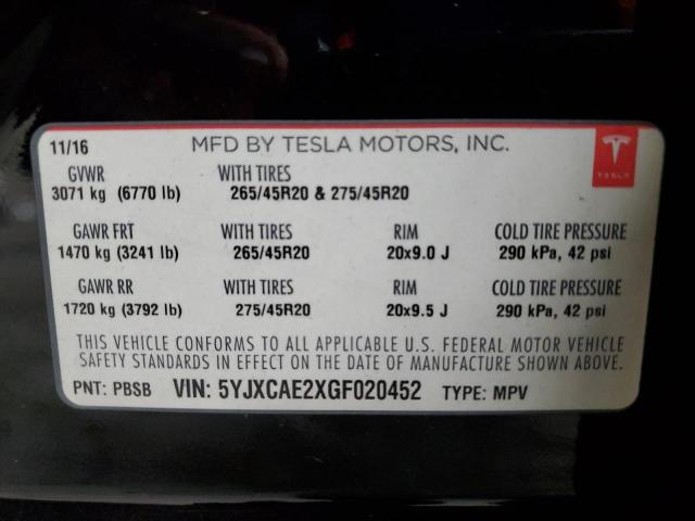 5YJXCAE2XGF020452 - 2016 TESLA MODEL X შავი ფოტო 13