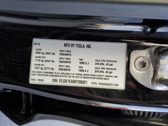 5YJ3E1EA9KF396021 - 2019 TESLA MODEL 3 Սև լուսանկար 12