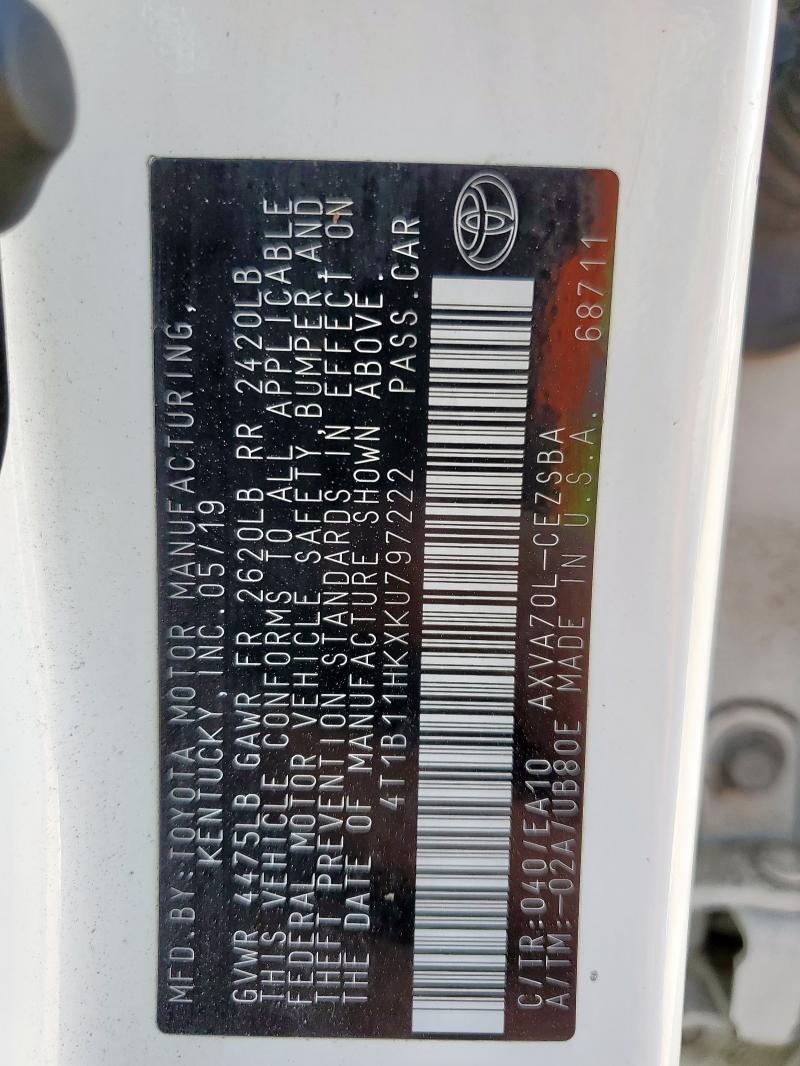 4T1B11HKXKU797222 - 2019 TOYOTA CAMRY L Ağ foto 12