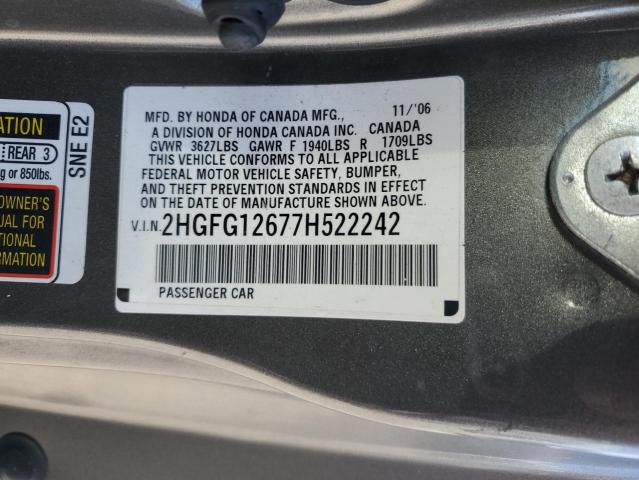 2HGFG12677H522242 - 2007 HONDA CIVIC LX SILVER photo 12