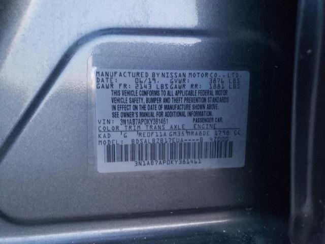 3N1AB7AP0KY381461 - 2019 NISSAN SENTRA S GRAY photo 12