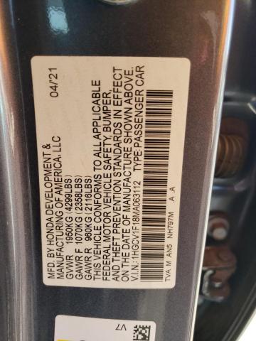 1HGCV1F18MA063112 - 2021 HONDA ACCORD LX GRAY photo 12