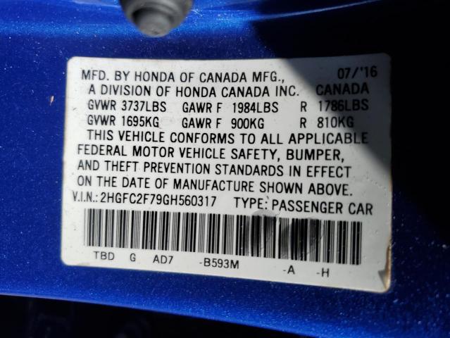 2HGFC2F79GH560317 - 2016 HONDA CIVIC EX BLUE photo 13