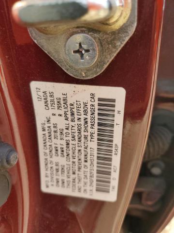 2HGFB2F51DH513117 - 2013 HONDA CIVIC LX BURGUNDY photo 12