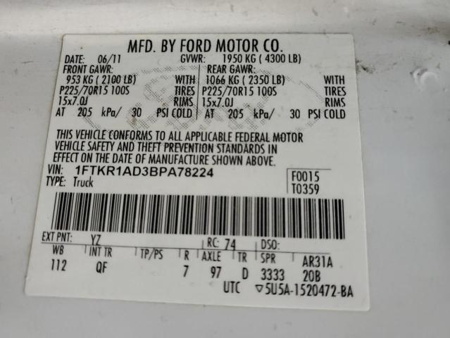 1FTKR1AD3BPA78224 - 2011 FORD RANGER WHITE photo 12