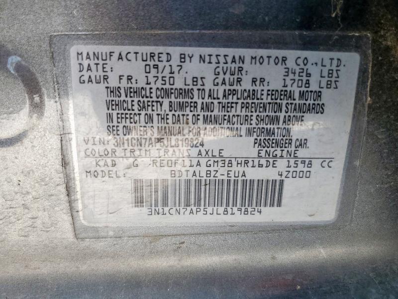 3N1CN7AP5JL819824 - 2018 NISSAN VERSA S Boz foto 12