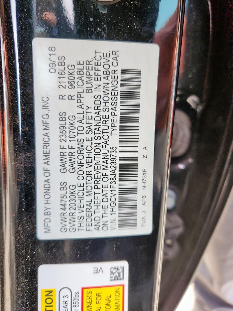 1HGCV1F38JA239735 - 2018 HONDA ACCORD SPORT Қара фото 12