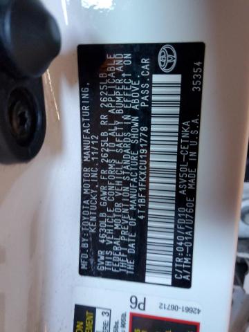 4T1BF1FKXCU191778 - 2012 TOYOTA CAMRY BASE 白色 照片 12