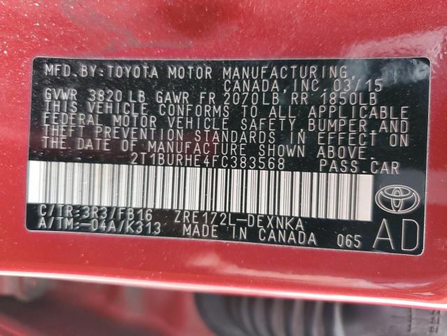 2T1BURHE4FC383568 - 2015 TOYOTA COROLLA L RED photo 12