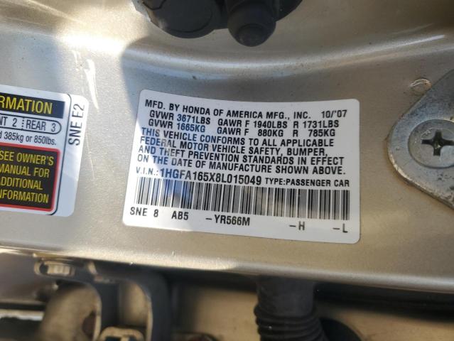 1HGFA165X8L015049 - 2008 HONDA CIVIC LX TAN photo 12