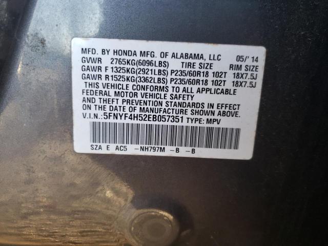 5FNYF4H52EB057351 - 2014 HONDA PILOT EXL GRAY photo 12