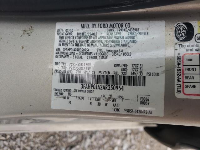 3FAHP0JA2AR350954 - 2010 FORD FUSION SEL SILVER photo 13