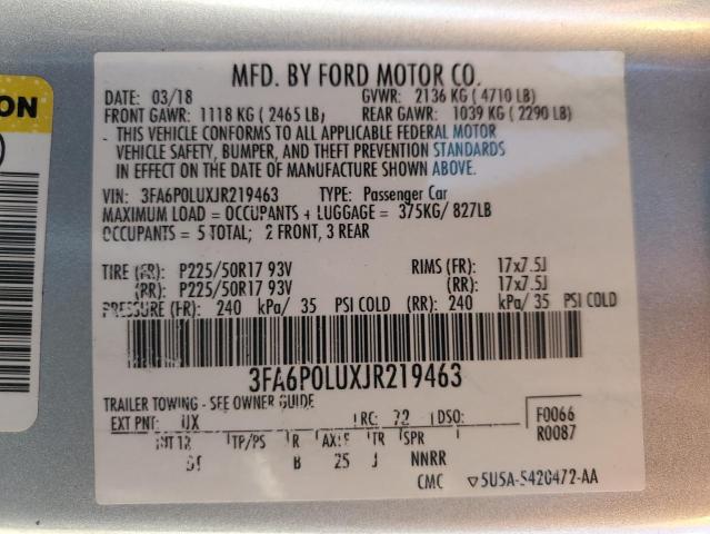 3FA6P0LUXJR219463 - 2018 FORD FUSION SE HYBRID SILVER photo 13