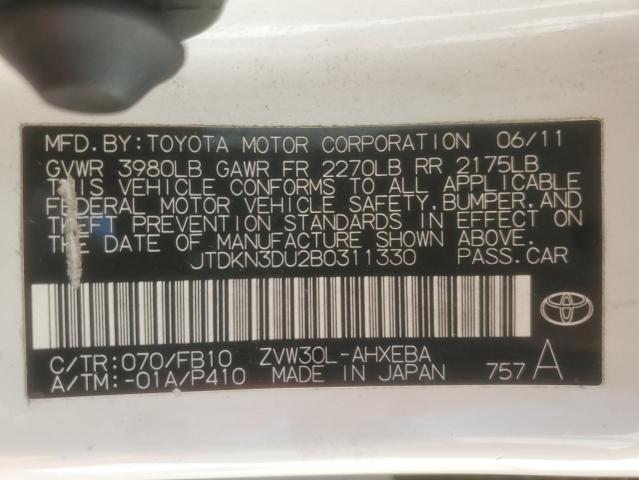 JTDKN3DU2B0311330 - 2011 TOYOTA PRIUS WHITE photo 12