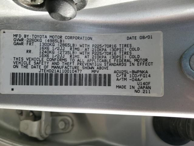 JTEHD21A110010477 - 2001 TOYOTA HIGHLANDER SILVER photo 13