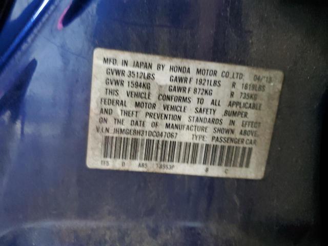 JHMGE8H31DC047067 - 2013 HONDA FIT BLUE photo 12