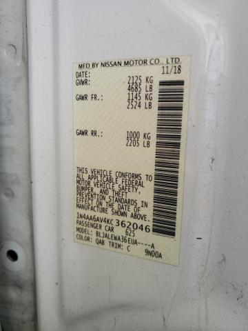 1N4AA6AV4KC362046 - 2019 NISSAN MAXIMA S WHITE photo 12