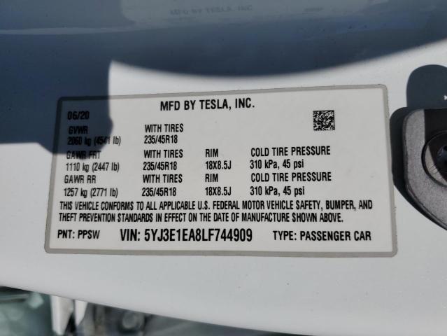 5YJ3E1EA8LF744909 - 2020 TESLA MODEL 3 Blanc photo 13