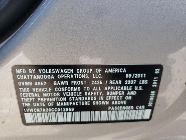 1VWCN7A30CC013959 - 2012 VOLKSWAGEN PASSAT SEL SILVER photo 12