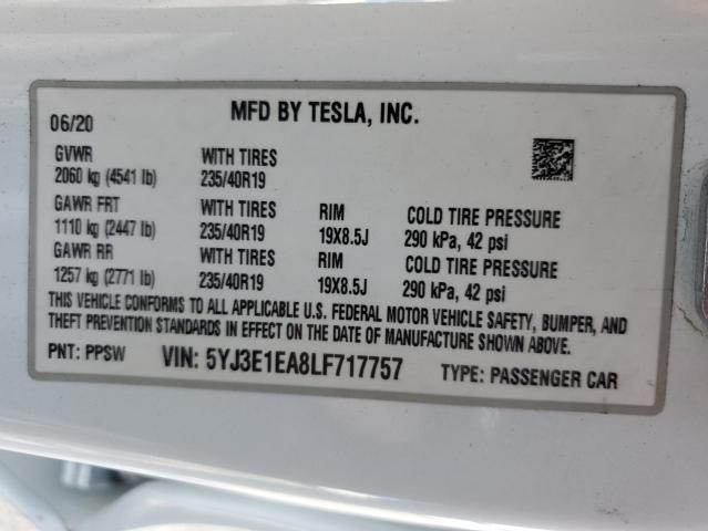 5YJ3E1EA8LF717757 - 2020 TESLA MODEL 3 WHITE photo 12