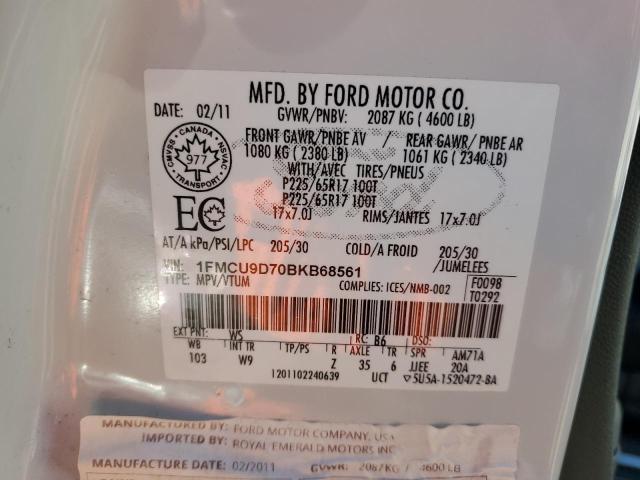 1FMCU9D70BKB68561 - 2011 FORD ESCAPE XLT WHITE photo 12