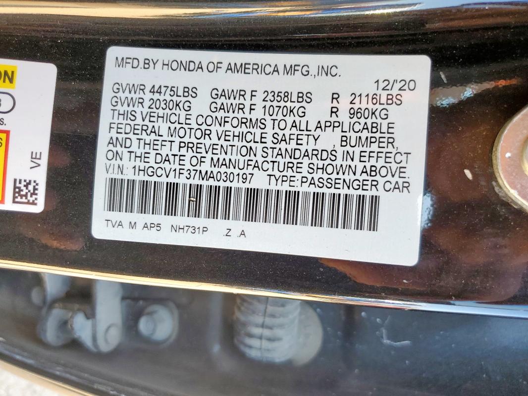 1HGCV1F37MA030197 - 2022 HONDA ACCORD SPORT BLACK photo 12