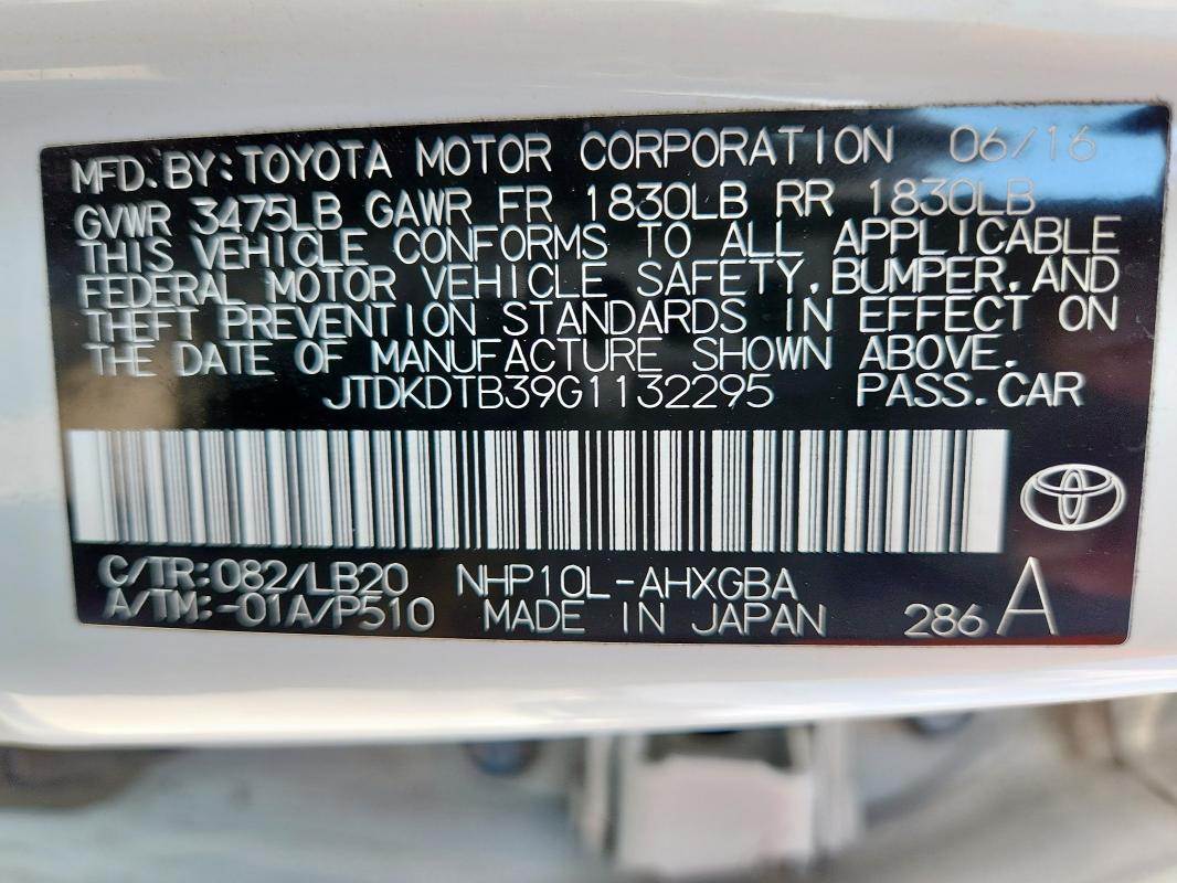 JTDKDTB39G1132295 - 2016 TOYOTA PRIUS C Ağ foto 12