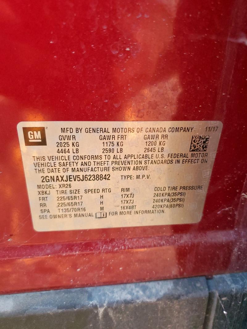 2GNAXJEV5J6238842 - 2018 CHEVROLET EQUINOX LT წითელი ფოტო 13