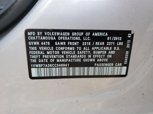 1VWBP7A36CC046941 - 2012 VOLKSWAGEN PASSAT SE SILVER photo 12