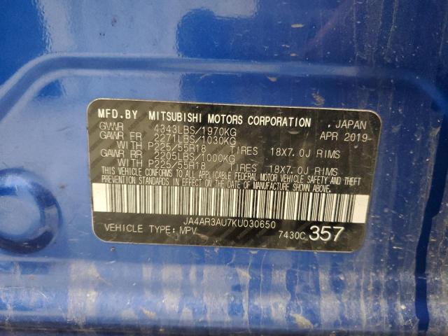 JA4AR3AU7KU030650 - 2019 MITSUBISHI OUTLANDER ES Niebieski zdjęcie 14