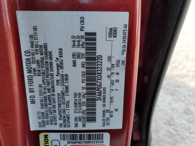 3FA6P0G7XDR323220 - 2013 FORD FUSION S RED photo 13