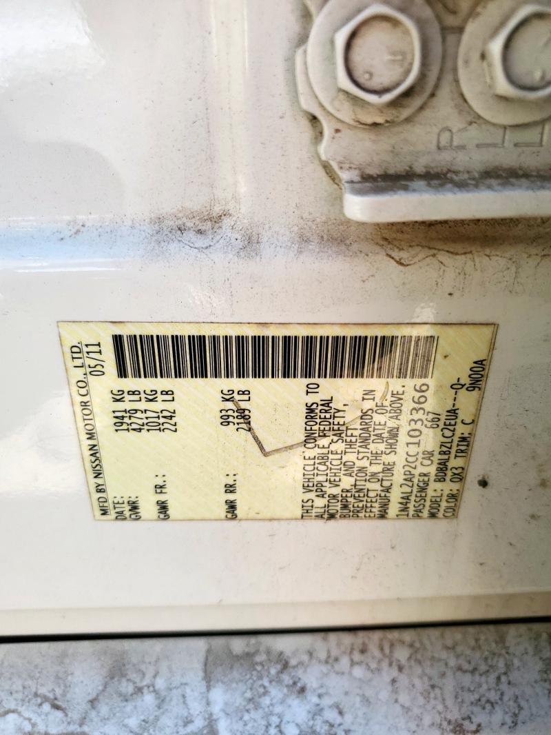 1N4AL2AP2CC103366 - 2012 NISSAN ALTIMA BASE WHITE photo 12