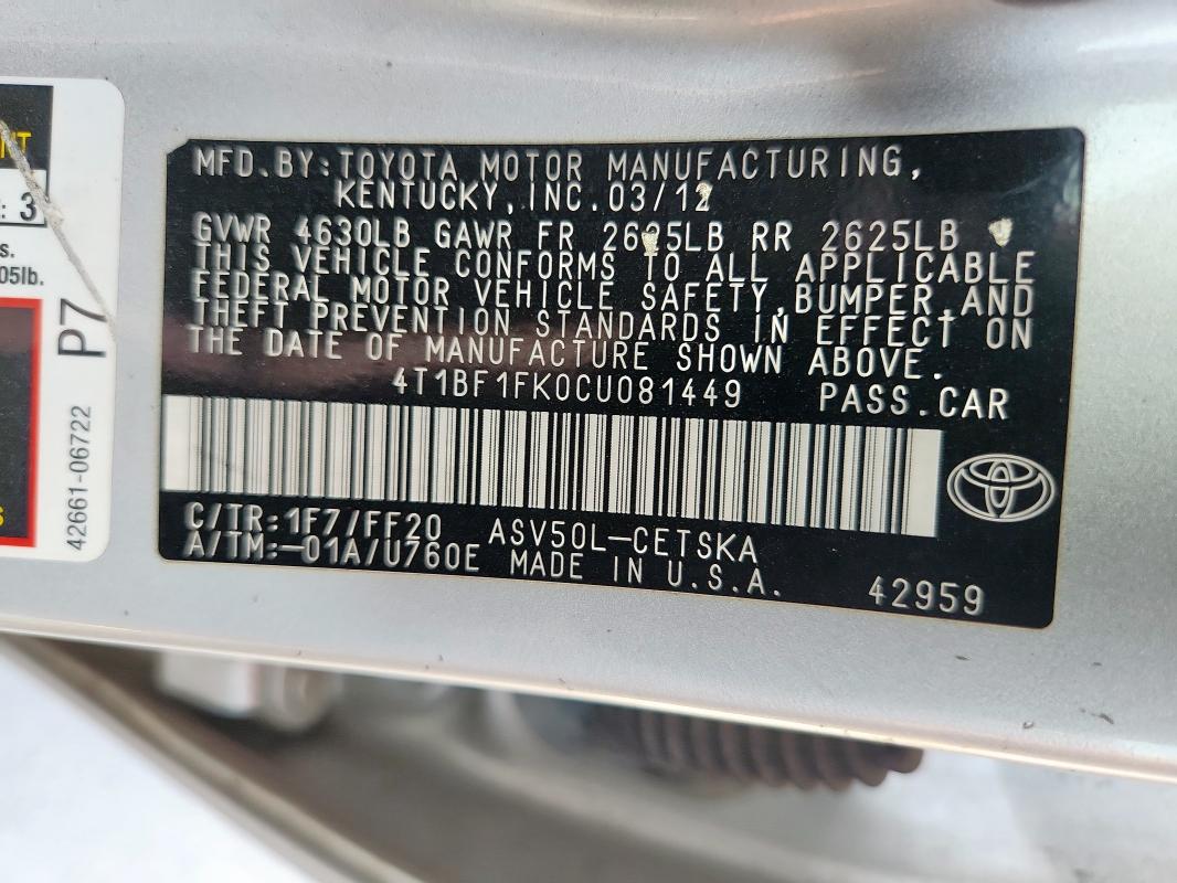 4T1BF1FK0CU081449 - 2012 TOYOTA CAMRY BASE 银色 照片 12